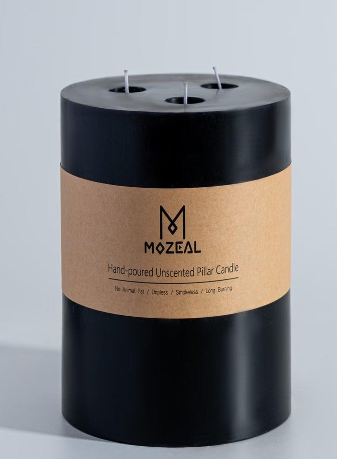 MOZEAL Extra Large 3 Wick Black Pillar Candle, 6" x 6", Unscented, Dripless, Smokeless, and Clean-Burning. Approx. 120 Hours of Burn Time. Perfect for Weddings, Dinners, Halloween and Fall Decor - Image 1